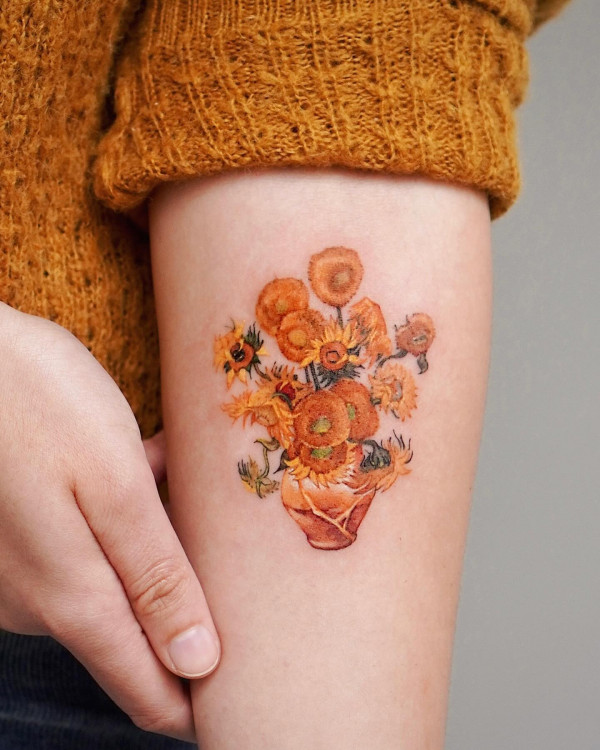 vincent's sunflower tattoos, flower tattoo arm women. Flower tattoo arm female, floral arm tattoo, unique flower arm tattoos for females, colourful floral tattoos, Flower tattoo arm forearm