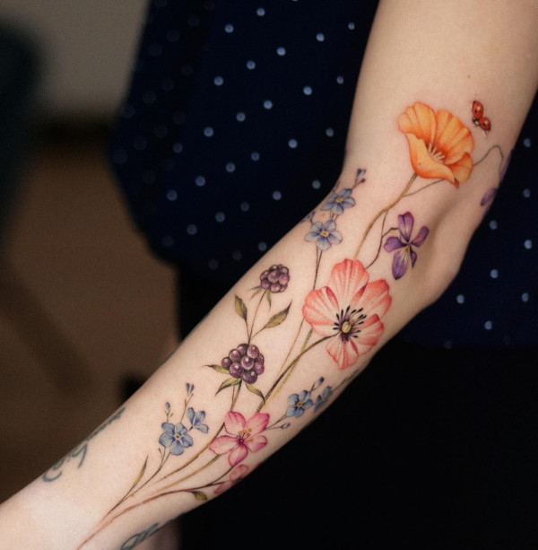 flower tattoo arm women. Flower tattoo arm female, floral arm tattoo, unique flower arm tattoos for females, colourful floral tattoos, Flower tattoo arm forearm