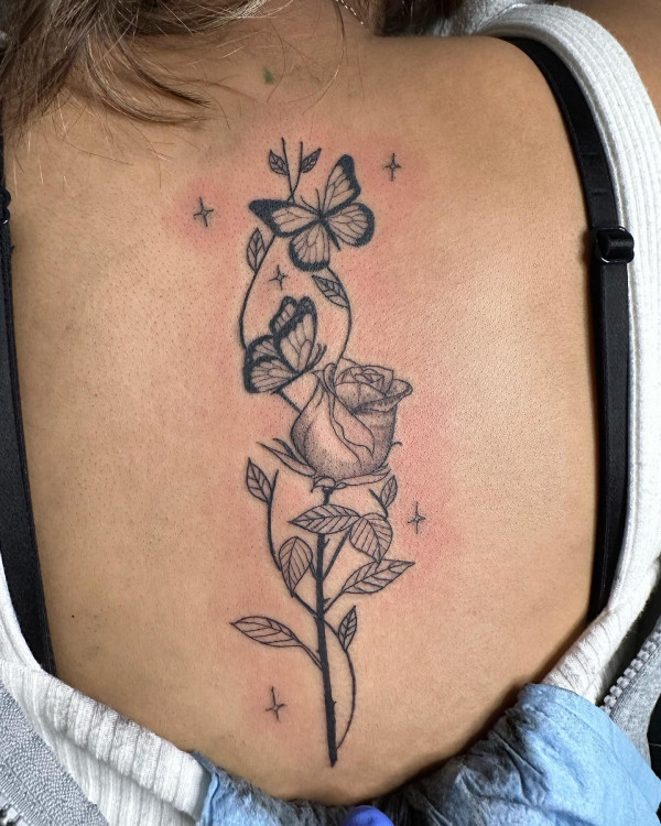 Whimsical Elegant Rose and Butterflies Spine Tattoo