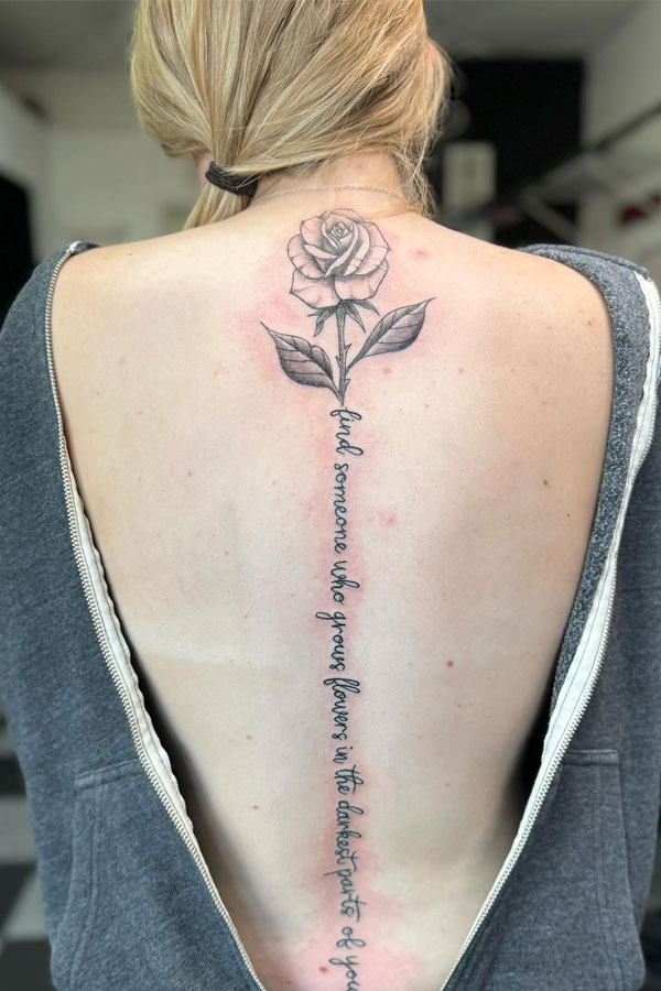 Black and Grey Rose Spine Tattoo with Script