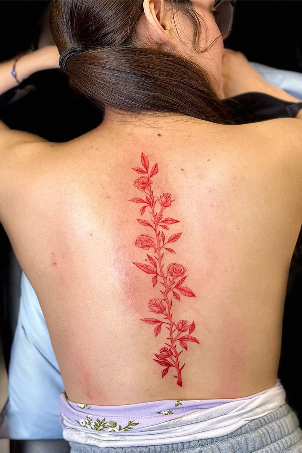 Timeless & Elegant Red Rose Vine Spine Tattoo