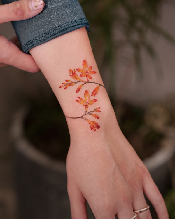 Crocosmia Floral bracelet Tattoo, Crocosmia Floral wrist bracelet Tattoo