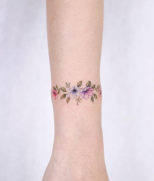 Watercolour Delicate Flower Bracelet Tattoo on Wrist