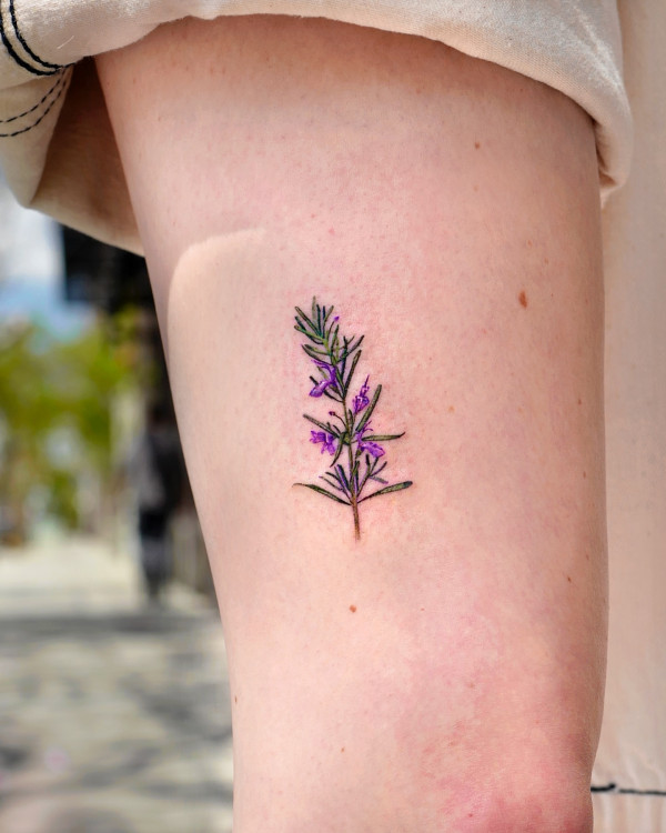 rosemary tattoo, flower leg tattoos