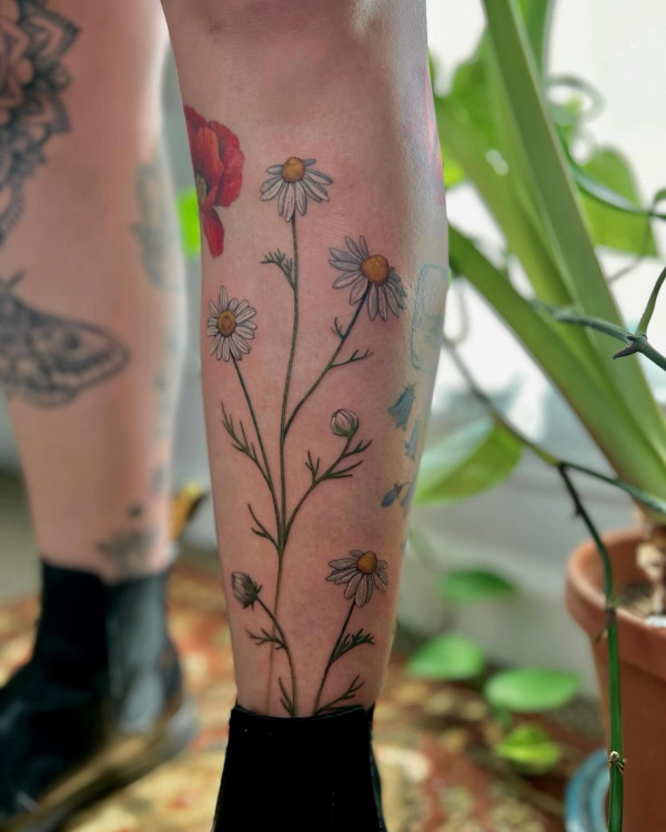 Chamomile Tattoo, wild flower leg tattoos, Floral leg tattoos for females, colourful flower leg tattoos