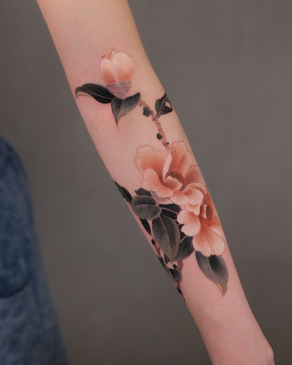 50 Best Floral Tattoos : Camellia Flower Tattoo on Fore Arm