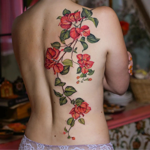 Bougainvillea Vine Tattoo on Back, colorful flower tattoos