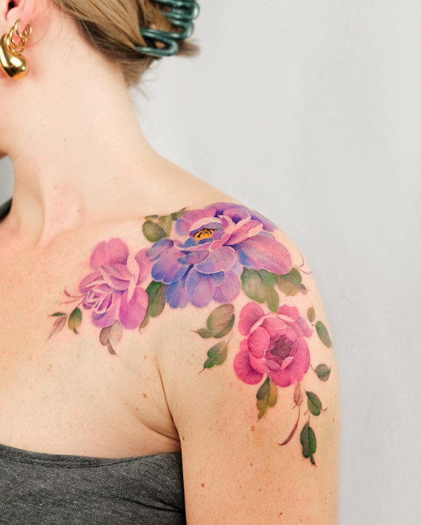 Rose & Peony Shoulder Tattoo, flower tattoos