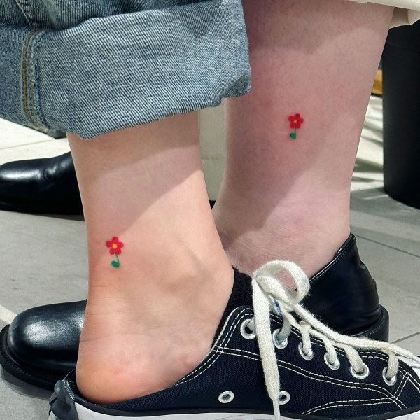 50 Best Floral Tattoos : Tiny Red Flower Ankle Tattoo