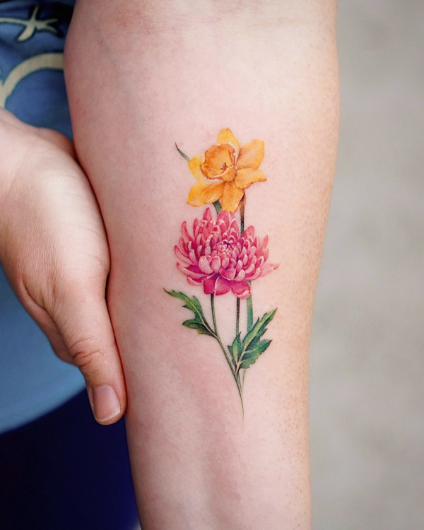 50 Best Floral Tattoos : Chrysanthemum and Daffodil Tattoo on Arm