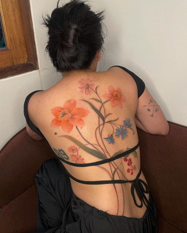 Colourful Flower Tattoo on The Back