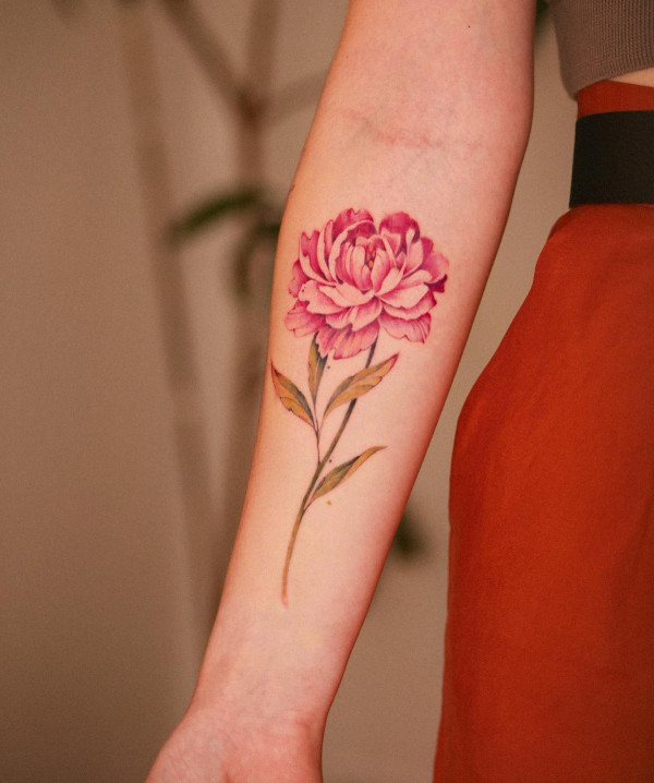 50 Best Floral Tattoos : Pink Peony Tattoo on Fore Arm