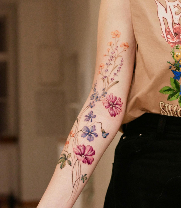 50 Best Floral Tattoos : Colourful Flower Tattoo on Fore Arm