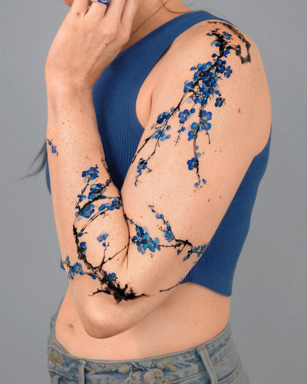 colourful tattoos, Blue Cherry Blossom Tattoo on Arm