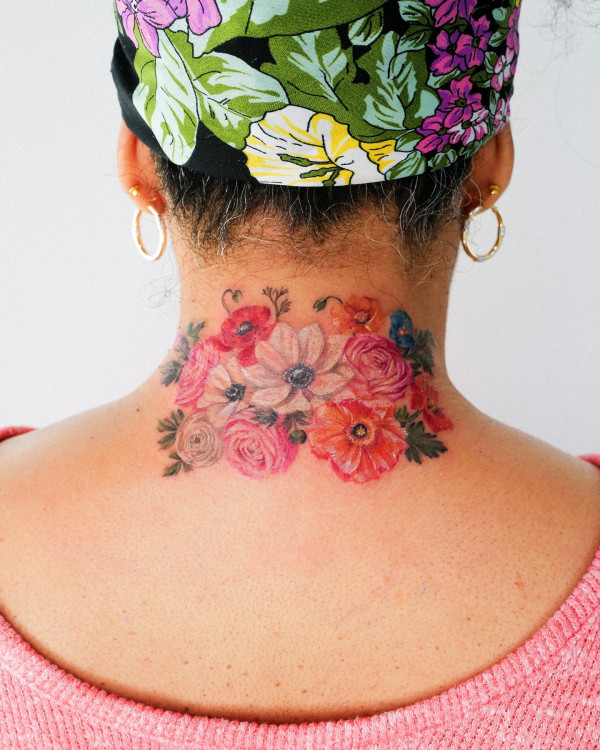 50 Best Floral Tattoos : Colourful Flower Tattoo on Neck
