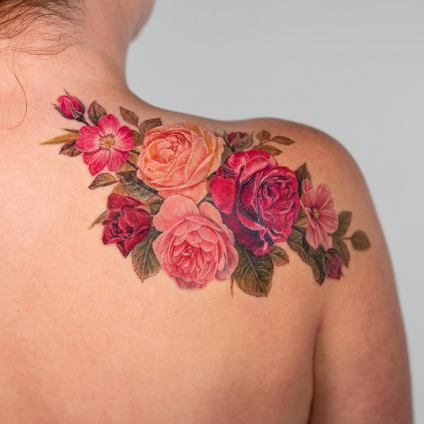 Colourful Rose & Peony Tattoo, flower tattoos