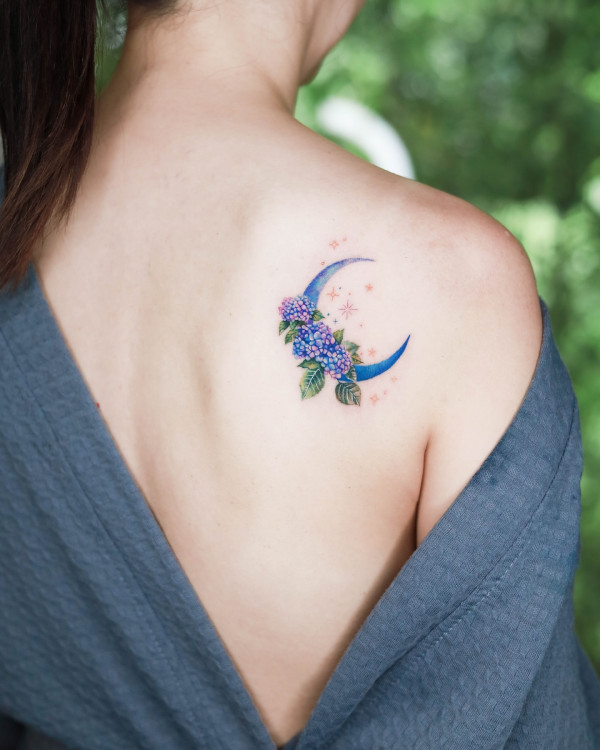 Hydrangea Flower Moon, colourful tattoos