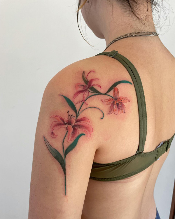 Tiger Lily Tattoo, flower tattoo, colourful flower tattoo