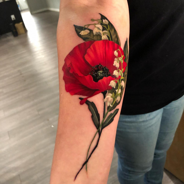 Poppy and Snowdrop Tattoo, colourful flower tattoo
