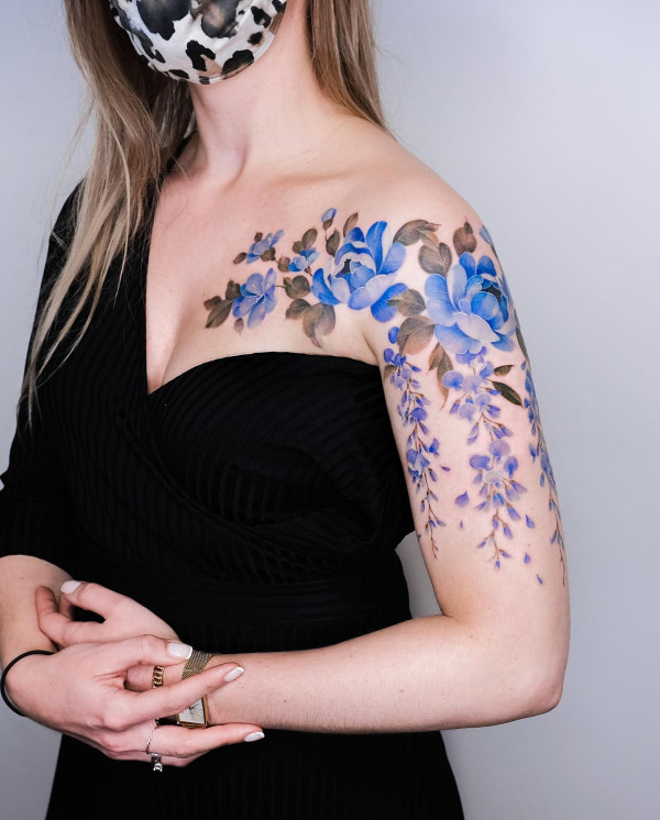 50 Best Floral Tattoos : Blue Peonies and Wisteria Tattoo
