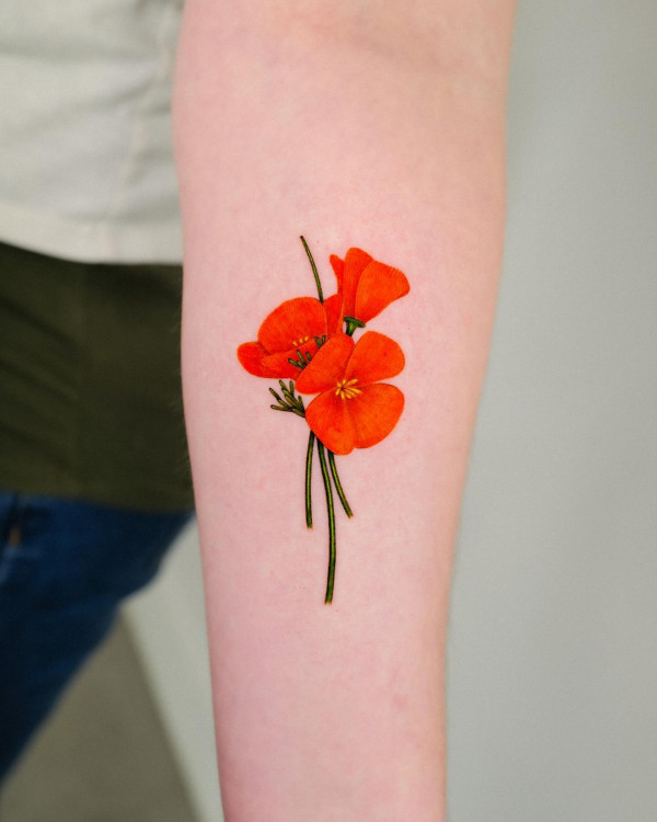 California Poppy Bouquet tattoo, colorful flower tattoos
