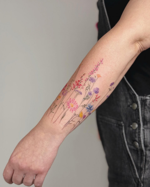 50 Best Floral Tattoos : Colourful Wild Flower Tattoo on Arm