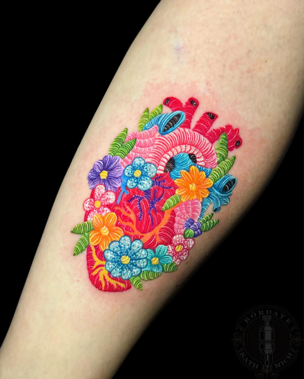 50 Best Floral Tattoos : Colourful Heart Flower Tattoo