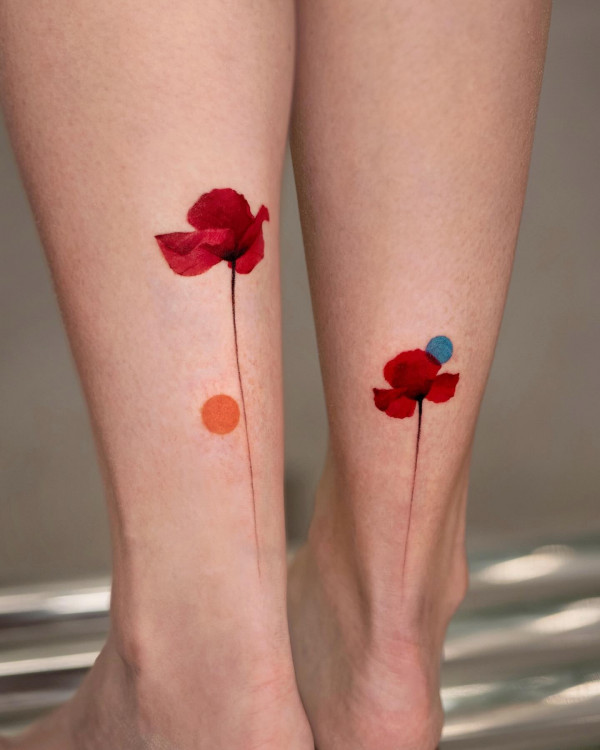 Red Poppy Tattoo on Legs, flower tattoos