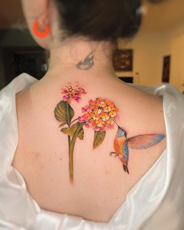 50 Best Floral Tattoos : Hydrangea & Hummingbird Tattoo 
