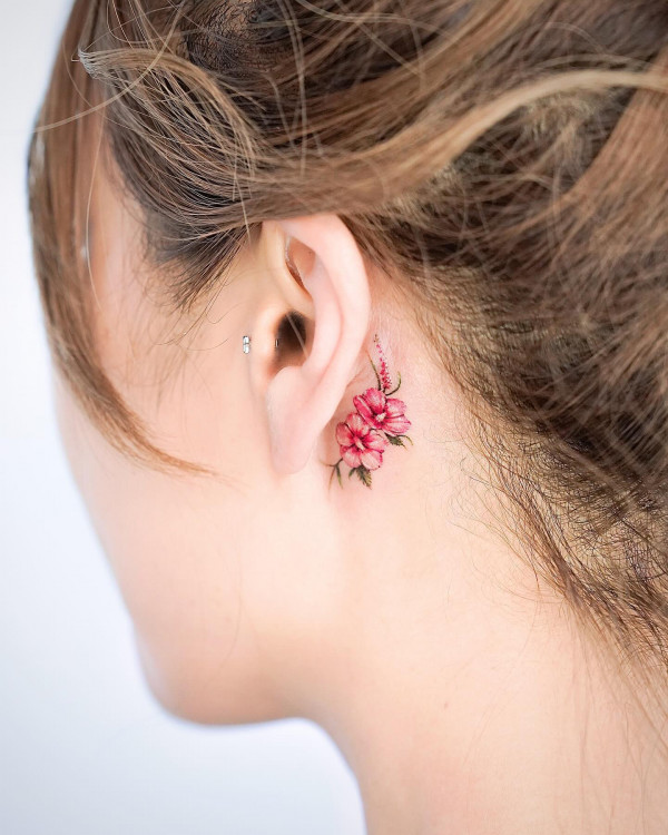 Pink Hibiscus Tattoo Behind Ear, colourful flower behind ear tattoos