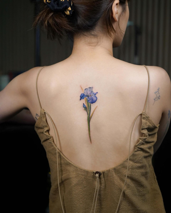Iris Flower Spine Tattoo, colourful flower tattoos