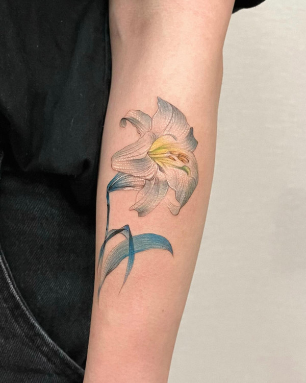 50 Best Floral Tattoos : White and Blue Tiger Lily Tattoo 