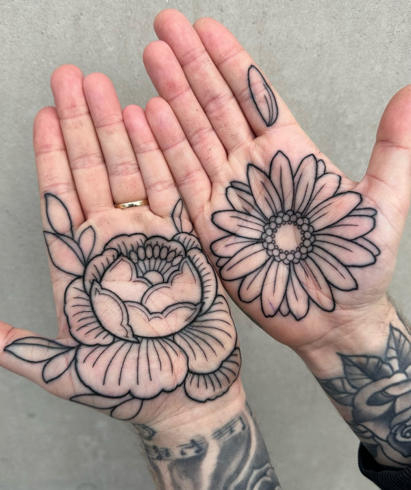Peony and Daisy Tattoo on Hands, flower tattoos 