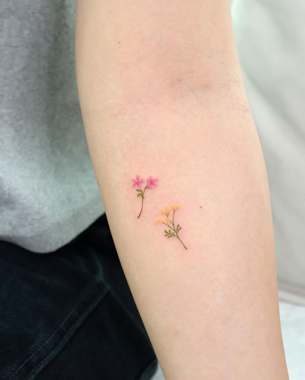 50 Best Floral Tattoos : Tiny Colourful Flower Tattoo on Arm