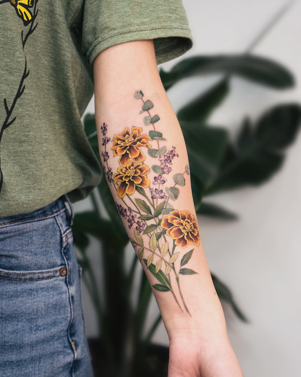 marigolds tattoos, lavender tattoos, flower arm tattoos