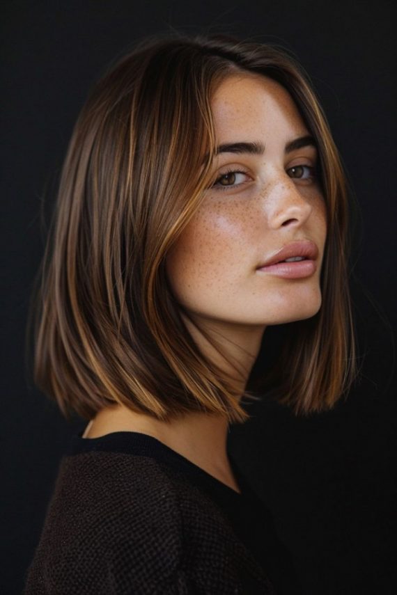 27 Trendsetting Haircuts: Caramel Highlighted Middle Part Long Bob