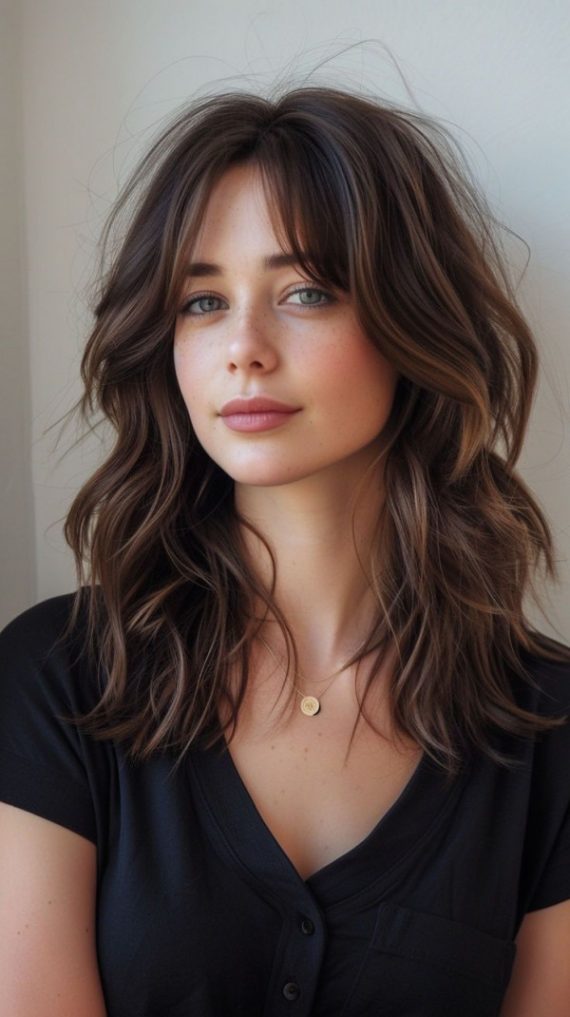 27 Haircuts : Soft Shag Mid-Length Haircut with Wispy Bangs