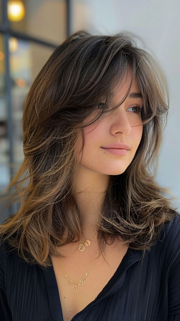 27 Trendsetting Haircuts : Layered Mid-Length Haircut with Wispy Curtain Bangs