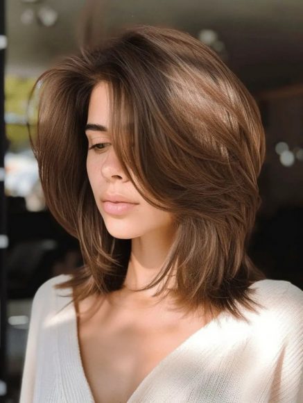 27 Haircuts : Shoulder-Length Layered Haircut with Curtain Bangs