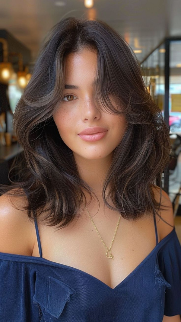 27 Trendsetting Haircuts : Curtain Bangs and Shoulder-Length Layers