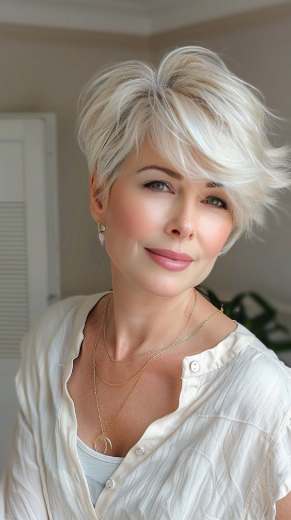 long pixie with side swept bangs for older women, short haircuts for women