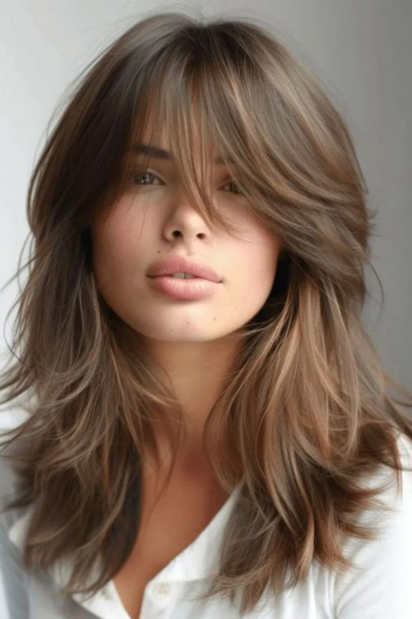 Soft Feathered Mid-Length Haircut with Long Wispy Bangs 