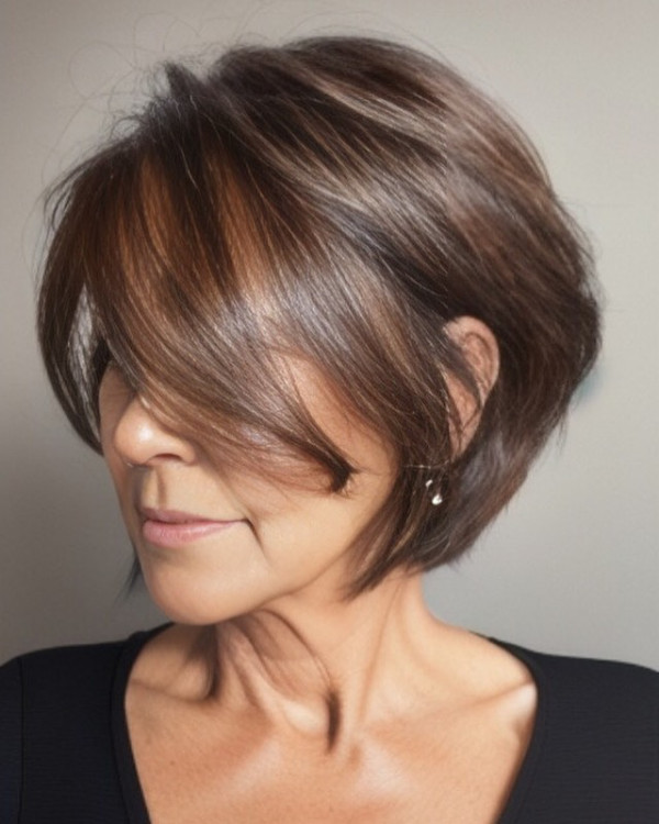 layered bob with long bangs for women over 50