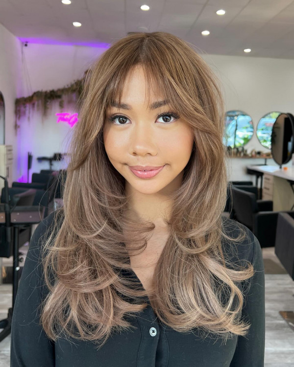 Medium Layered Long Hairstyle with Curtain Bangs