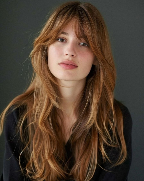 copper ginger Tousled Layered Long Hairstyle with Wispy Curtain Bangs