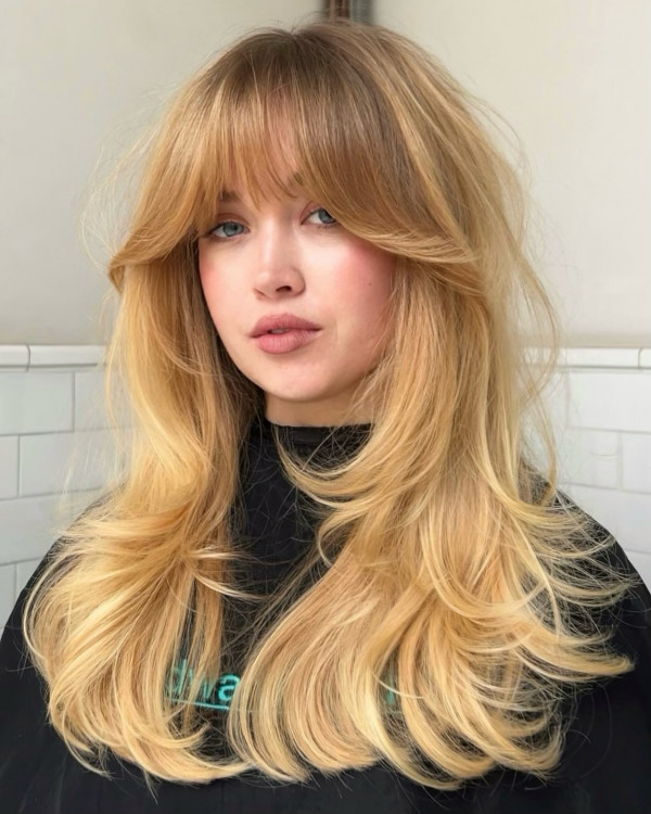 Blonde hair Bottle Neck Bangs with Long Layers