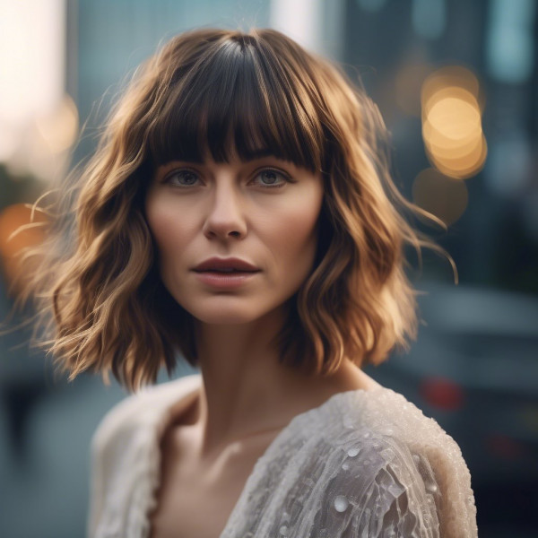 Wavy Long Bob with Bottle Neck Bangs