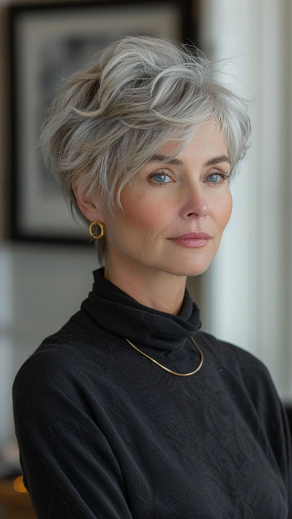 27 Trendsetting Haircuts : Silver Long Pixie with Wispy Bangs