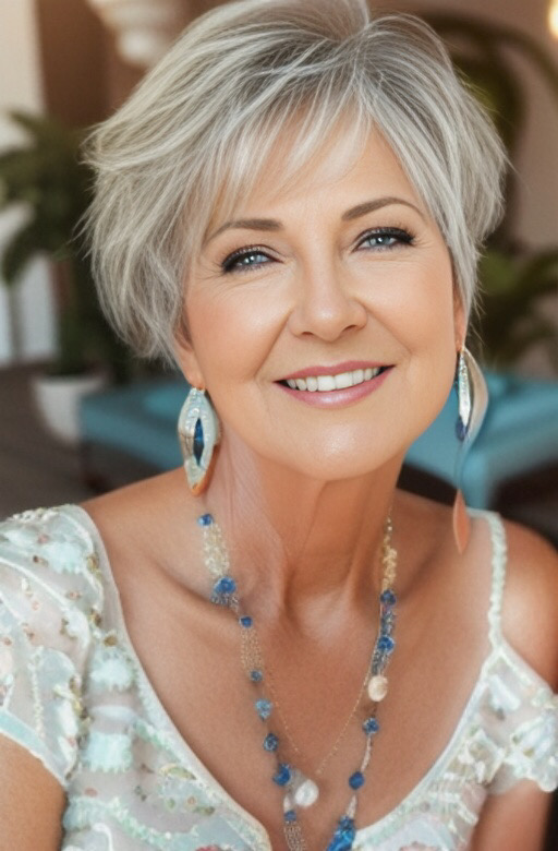 short layered bob with wispy bangs for women over 50