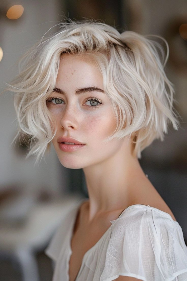 27 Trendsetting Haircuts : Pearl Blonde Choppy Bob with Side Part